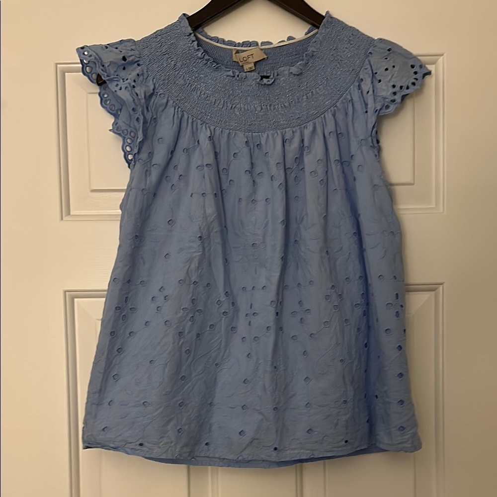 LOFT Blue Smocked Ruffle Cap Sleeve Blouse